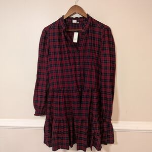 GAP Flannel Long Sleeve Plaid Button-Up Dress in Burgundy, Black and Blue Size M